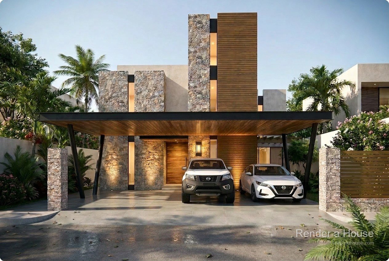 Render de residencia al atardecer con fachada de piedra, madera y vegetación tropical