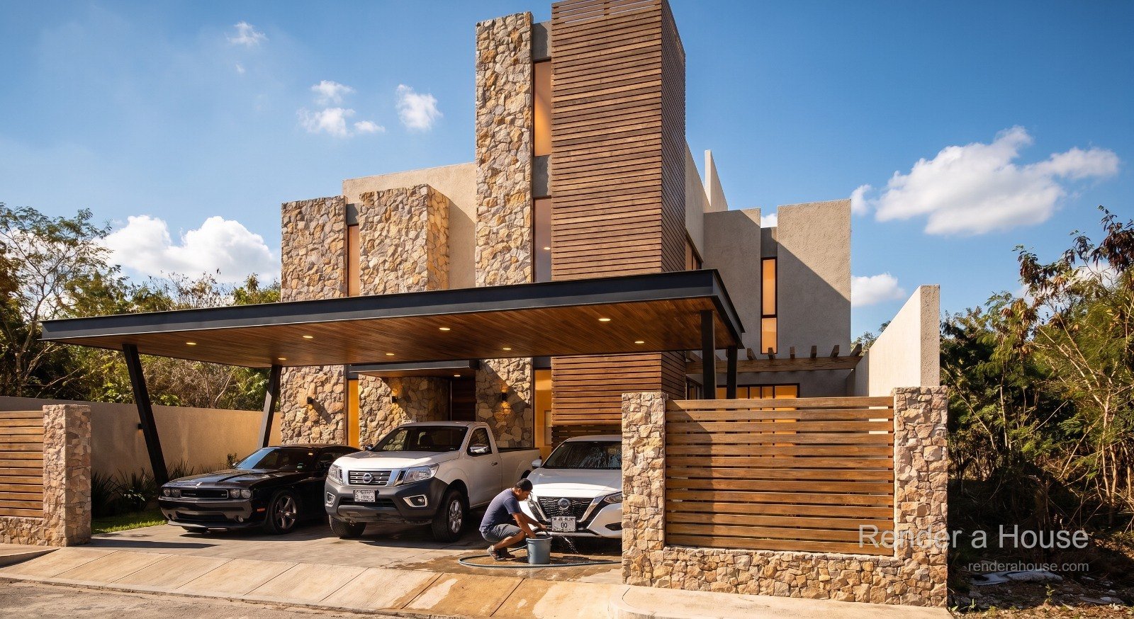 Residencia contemporánea con fachada de piedra y madera, obra de Tercer Estudio